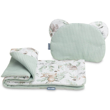 Komplet do wózka Kocyk + poduszka Wafel 76x56 cm – Zestaw pościeli| Miętowy