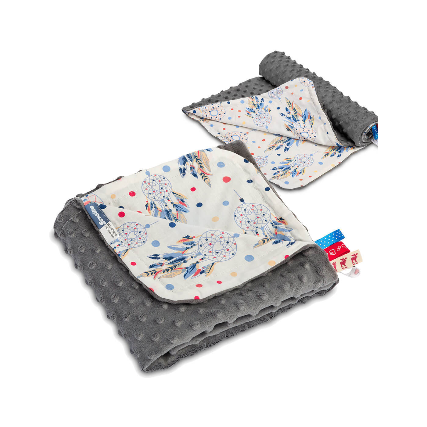 Kocyk Minky lekki 75x100 cm – bawełniany, dwustronny, z wstążeczkami | Łapacze Snów