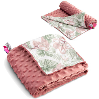 Kocyk Minky lekki 75x100 cm – bawełniany, dwustronny, z wstążeczkami | Palmy różowe