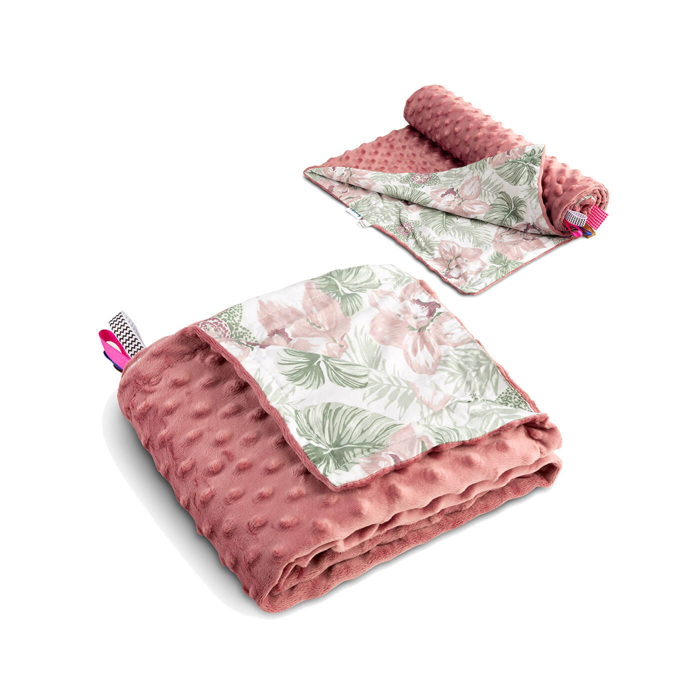 Kocyk Minky lekki 75x100 cm – bawełniany, dwustronny, z wstążeczkami | Palmy różowe