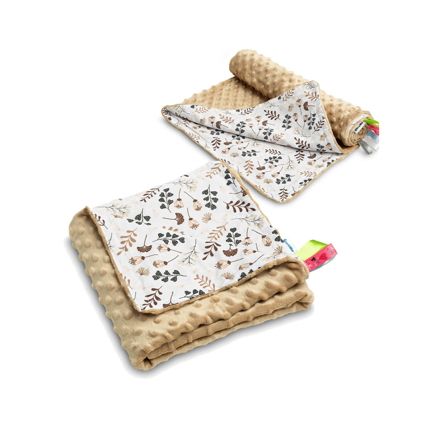 Kocyk Minky lekki 75x100 cm – bawełniany, dwustronny, z wstążeczkami | Cappucino