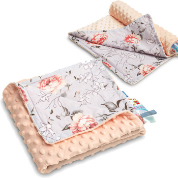 Kocyk Minky lekki 75x100 cm – bawełniany, dwustronny, z wstążeczkami | Brzoskwinia