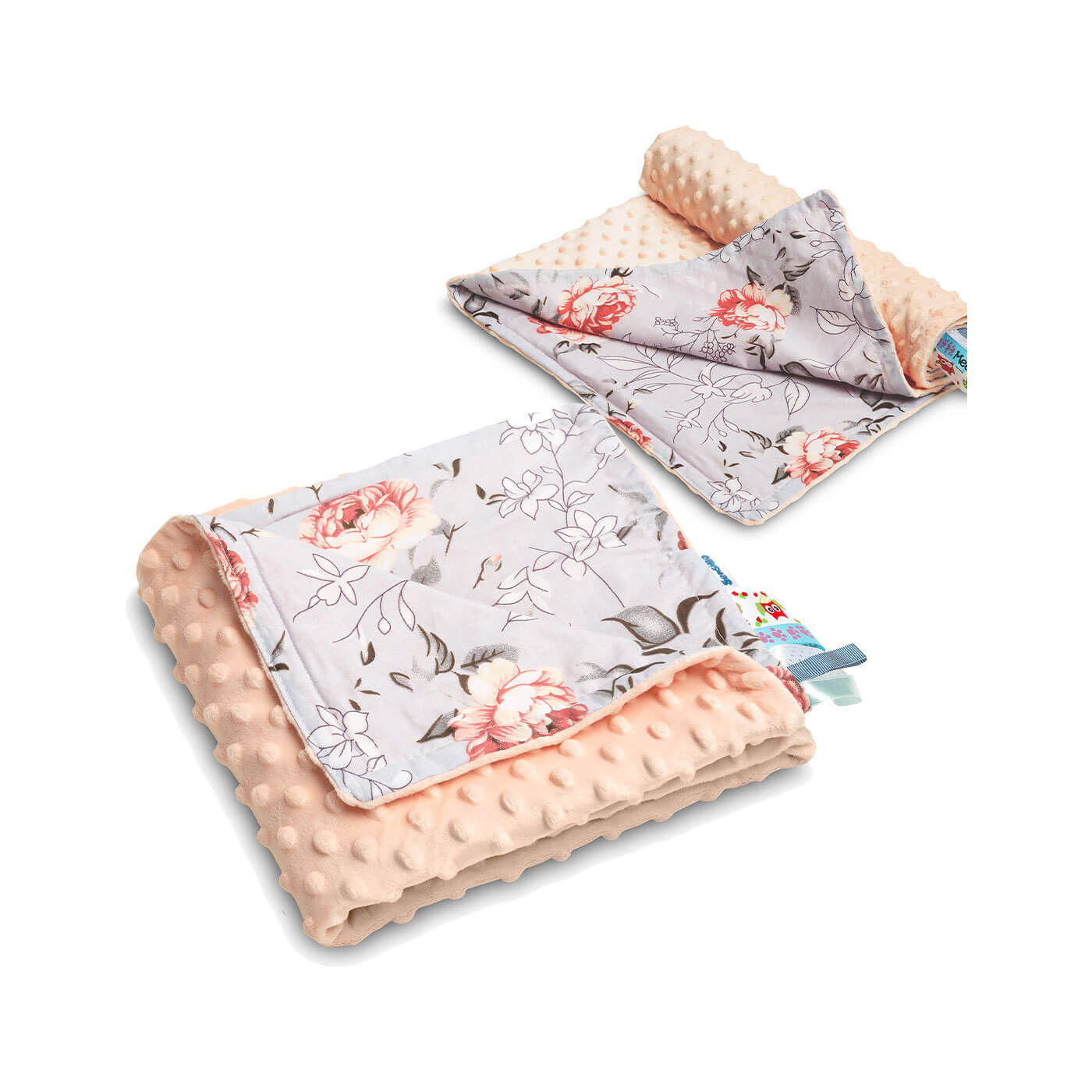 Kocyk Minky lekki 75x100 cm – bawełniany, dwustronny, z wstążeczkami | Brzoskwinia