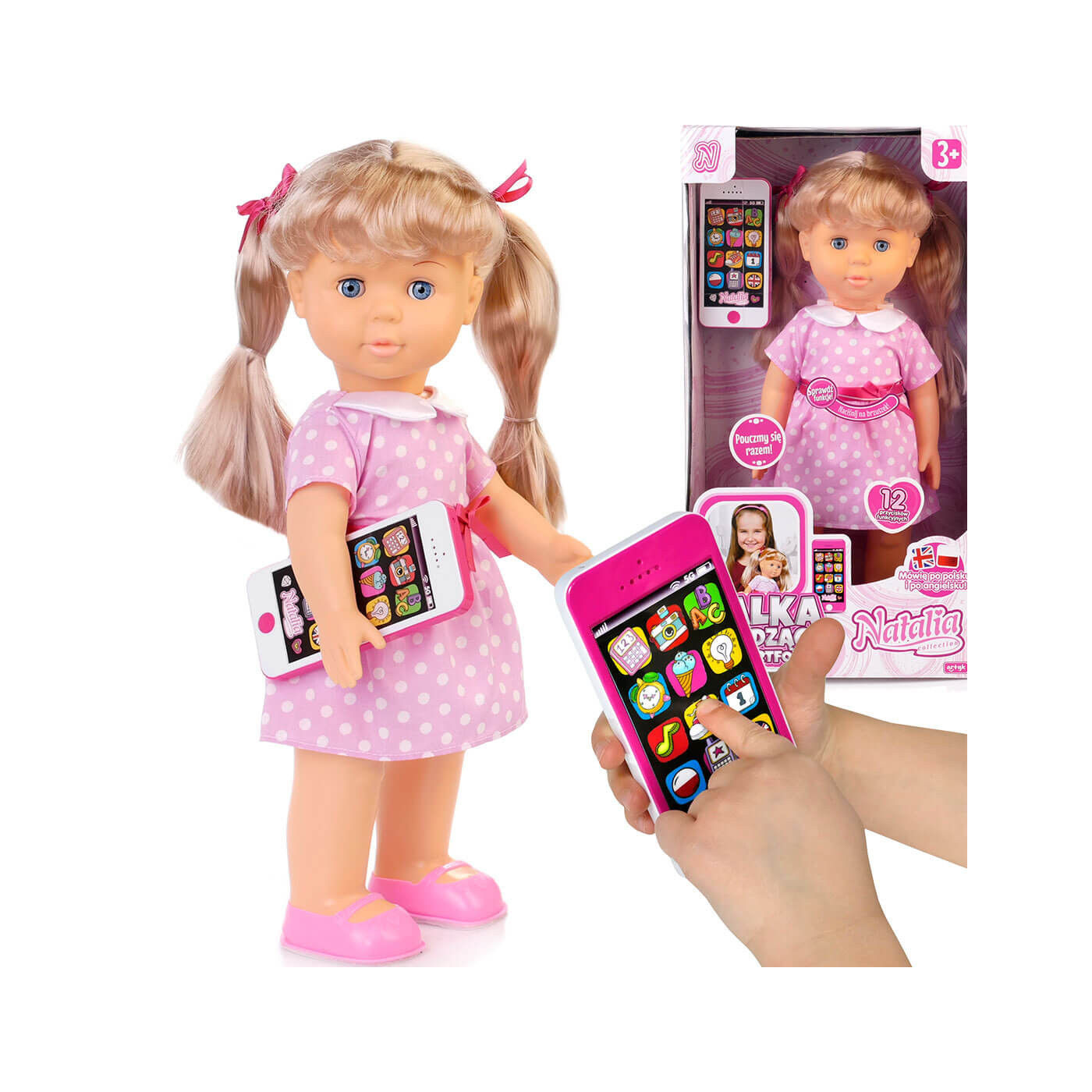 Lalka Natalia chodząca z smartfonem 41 cm – interaktywna lalka mówiąca po polsku i angielsku