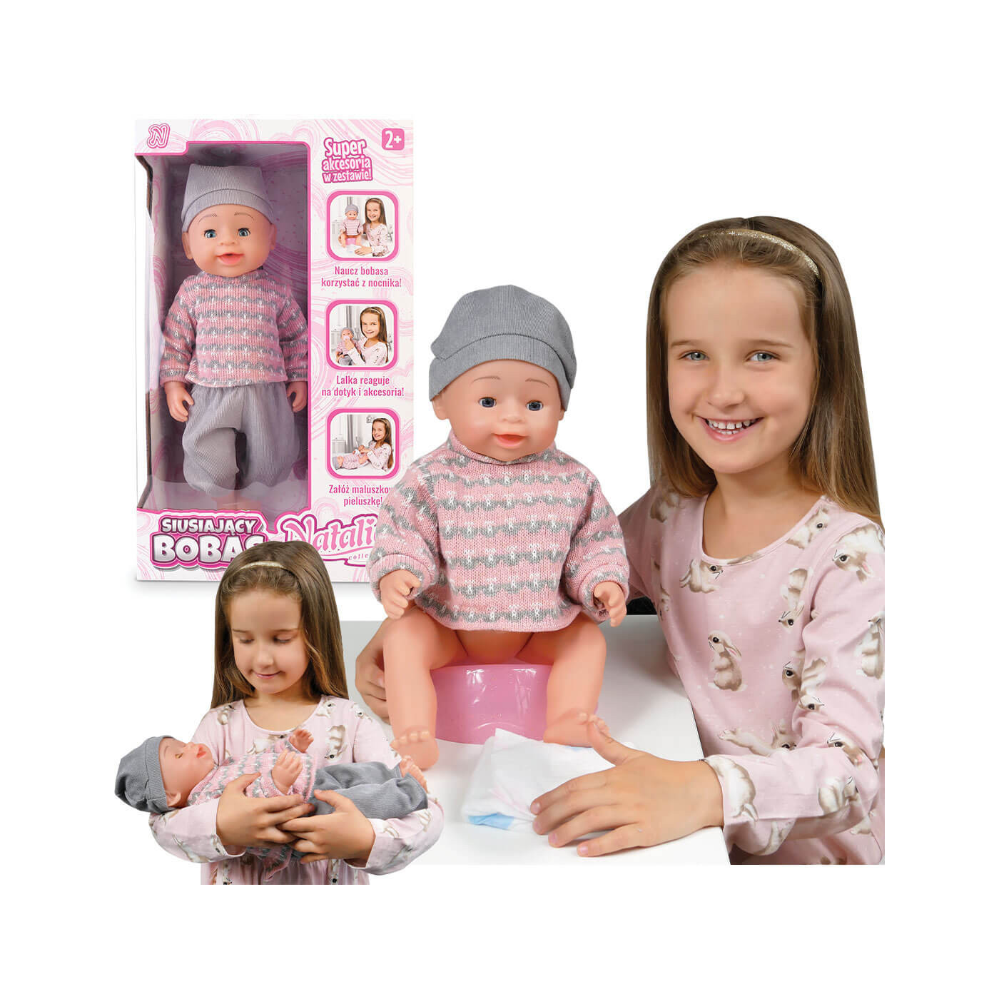 Interaktywny Siusiający Bobas Natalia 43 cm – reaguje na dotyk, pije wodę i siusia