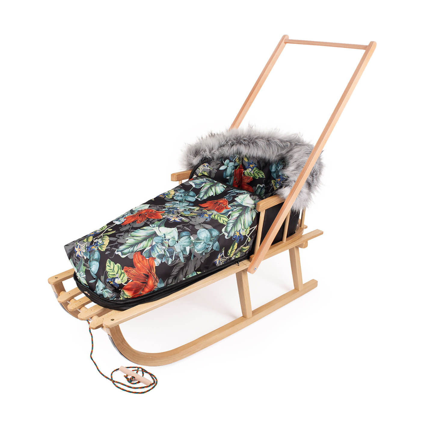 Sanki z pchaczem, oparciem + śpiworek, sznurek z uchwytem zestaw