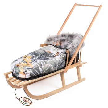 Sanki z popychaczem, oparciem + śpiworek, sznurek z uchwytem zestaw