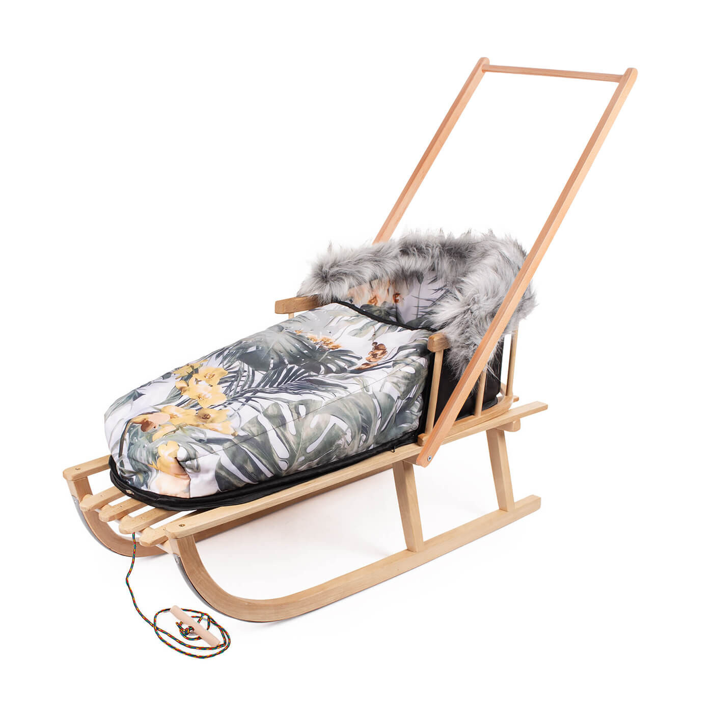 Sanki z popychaczem, oparciem + śpiworek, sznurek z uchwytem zestaw