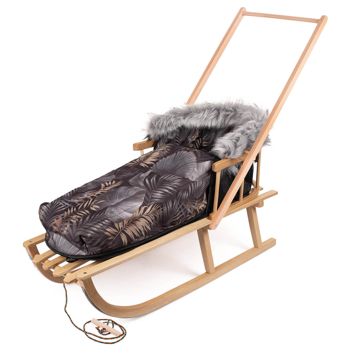 Drewniane sanki dla dzieci z oparciem i śpiworkiem