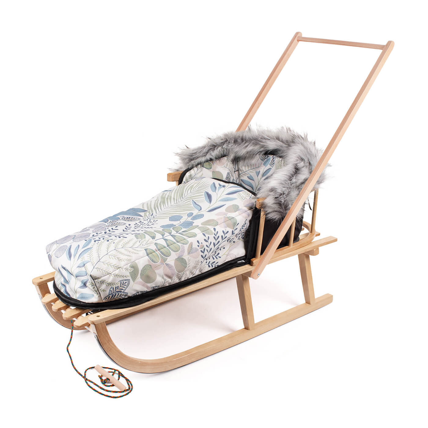 Sanki z pchaczem drewniane + ciepły śpiworek, sznurek z uchwytem zestaw