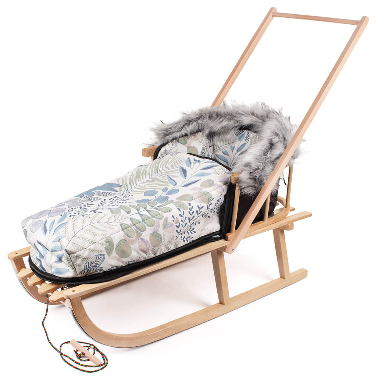 Drewniane sanki dla dzieci z oparciem i śpiworkiem