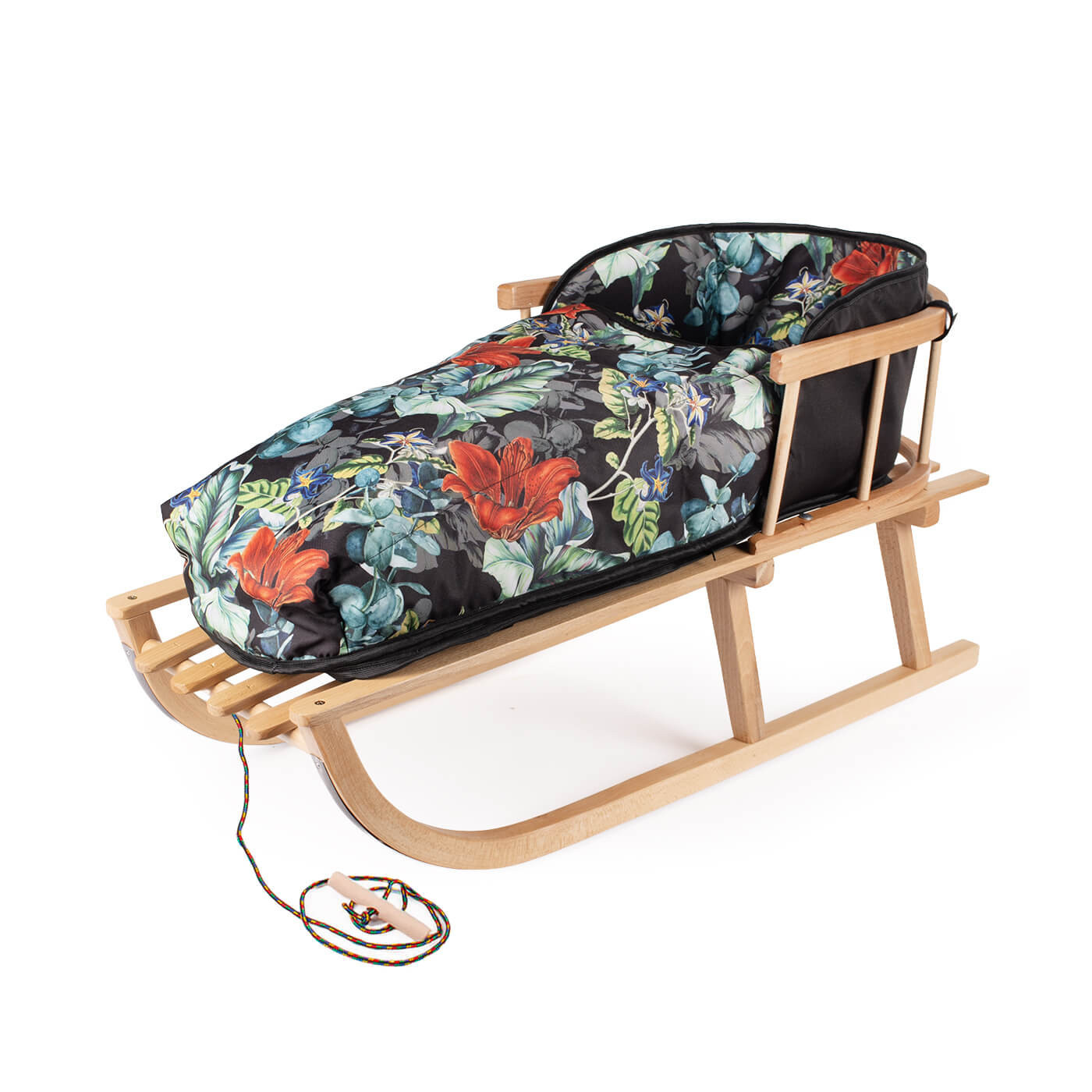 Sanki z oparciem + śpiworek ciepły + sznurek z uchwytem