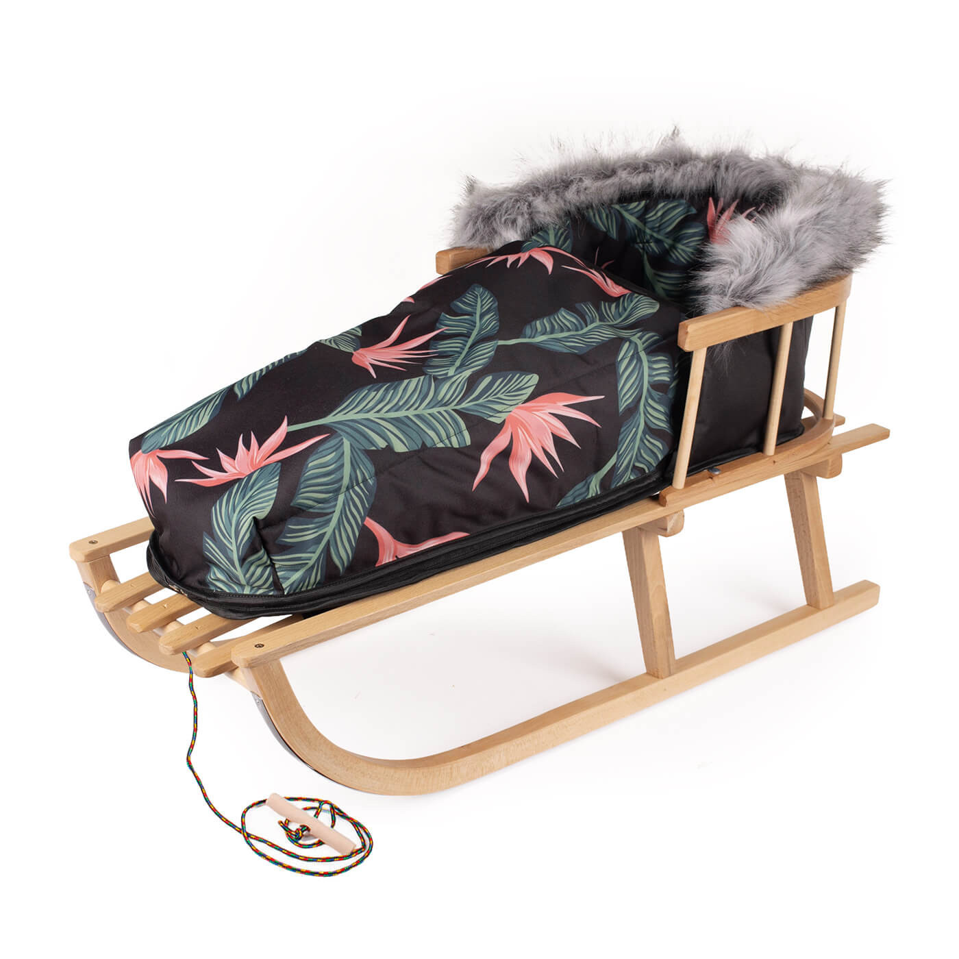 Sanki z oparciem + stylowy śpiworek ciepły + sznurek z uchwytem