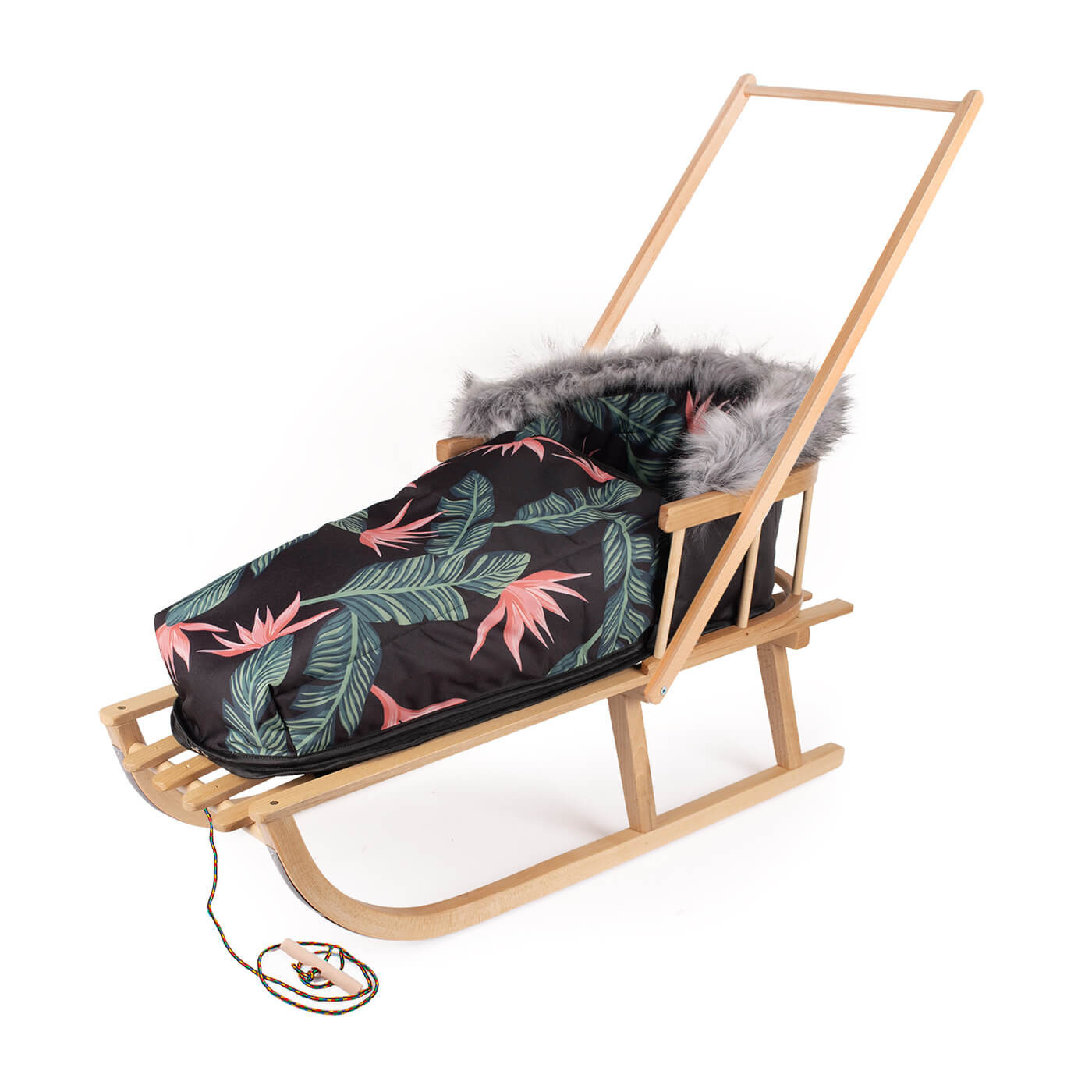 Sanki z pchaczem + stylowy śpiworek, sznurek z uchwytem zestaw