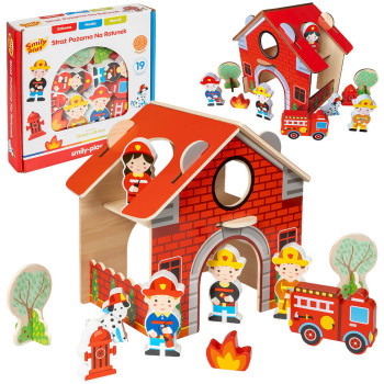 Drewniana remiza strażacka z figurkami - zabawka edukacyjna od 18 m-ca dla dziecka