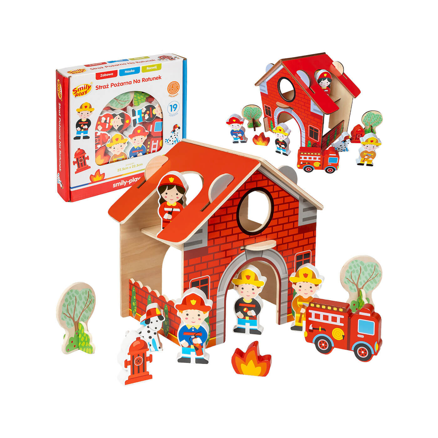 Drewniana remiza strażacka z figurkami - zabawka edukacyjna od 18 m-ca dla dziecka