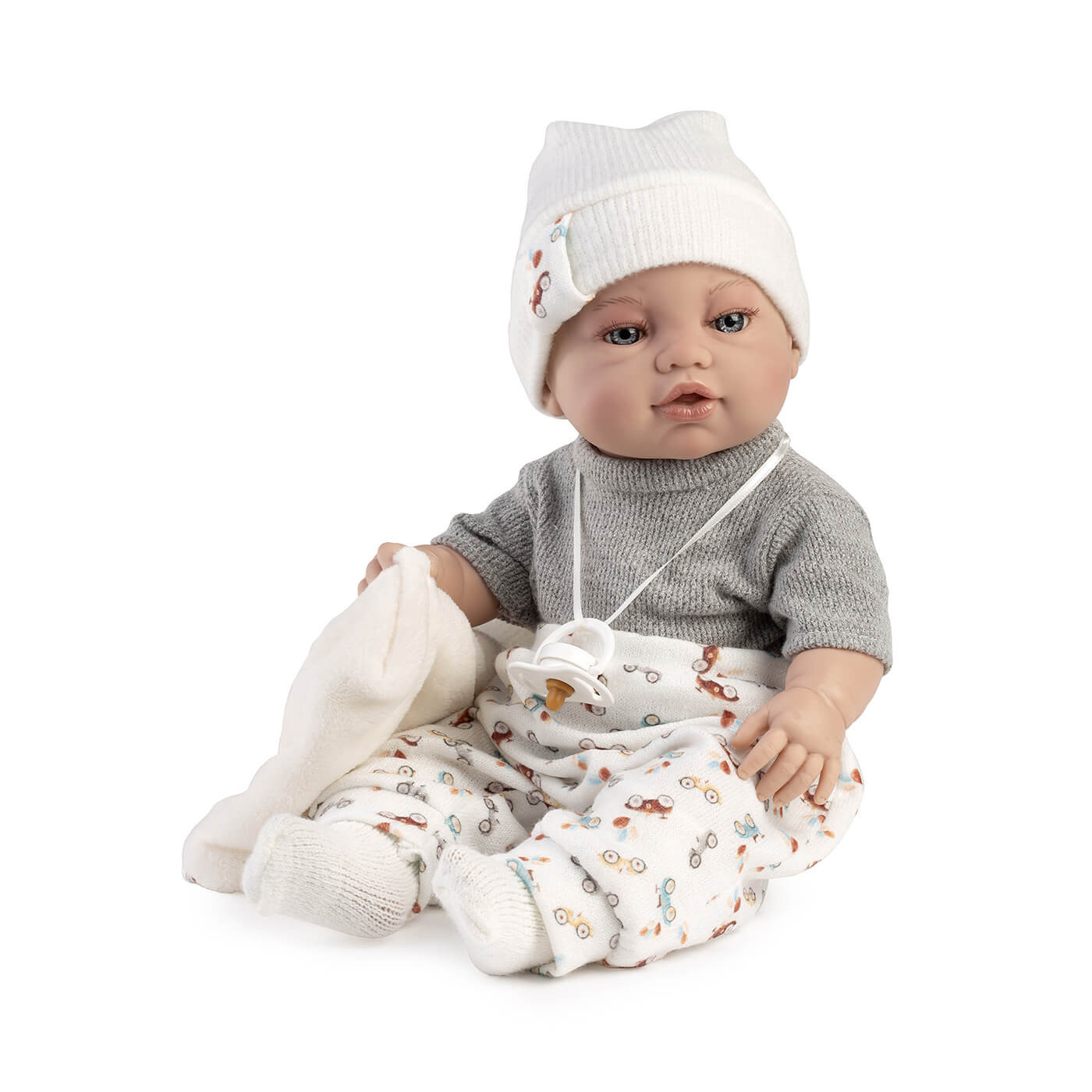 Lalka hiszpańska bobas w białym komplecie ze smoczkiem 34cm vinylowa