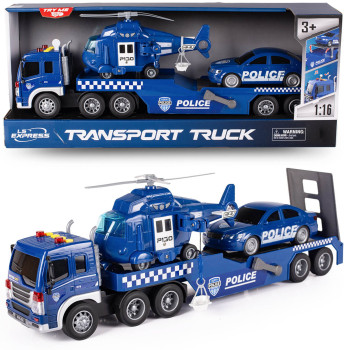 Policja Tir laweta zestaw ratunkowy z helikopterem i radiowozem ciężarówka + pojazdy, światła i dźwięk