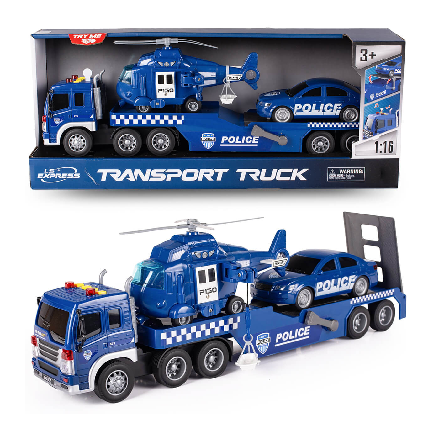 Policja Tir laweta zestaw ratunkowy z helikopterem i radiowozem ciężarówka + pojazdy, światła i dźwięk