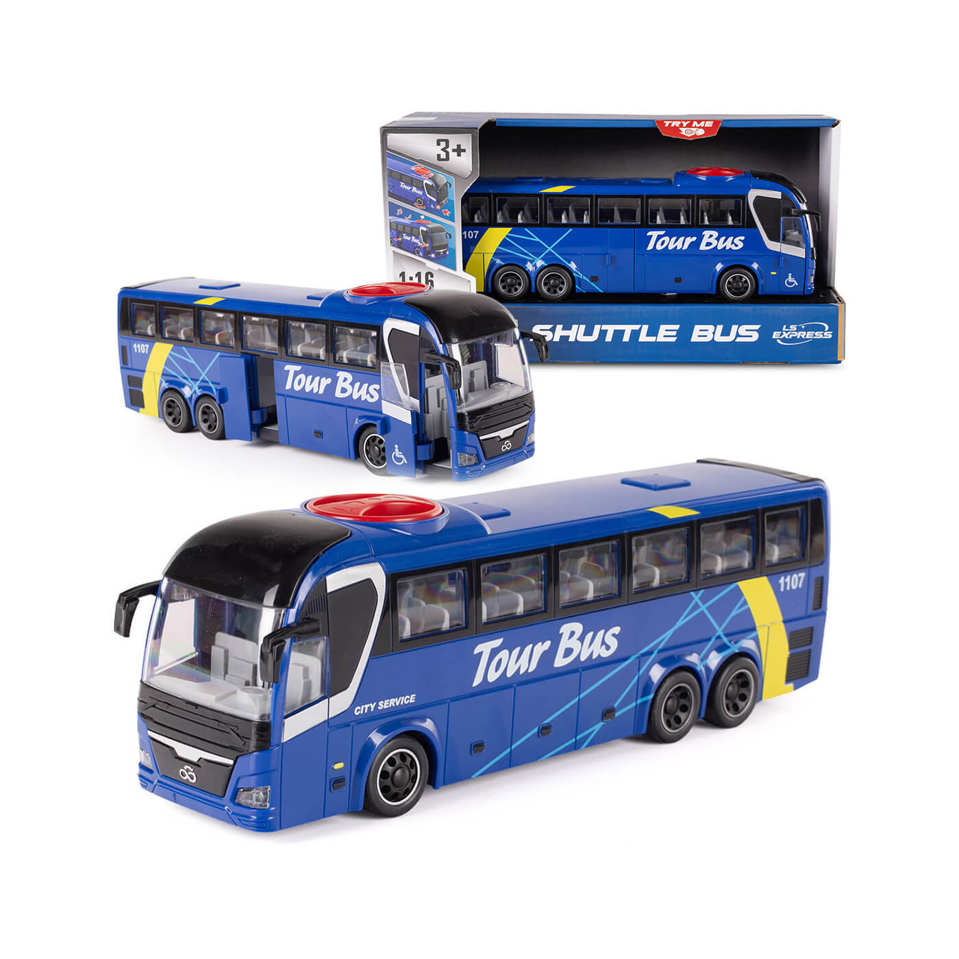 Autobus zabawka z napędem frykcyjnym i dźwięk i światło - otwierane drzwi | Niebieski