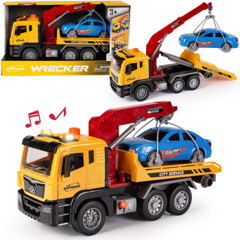 Auto pomoc drogowa z wysięgnikiem na holowniku z autem z dźwiękami i światłem