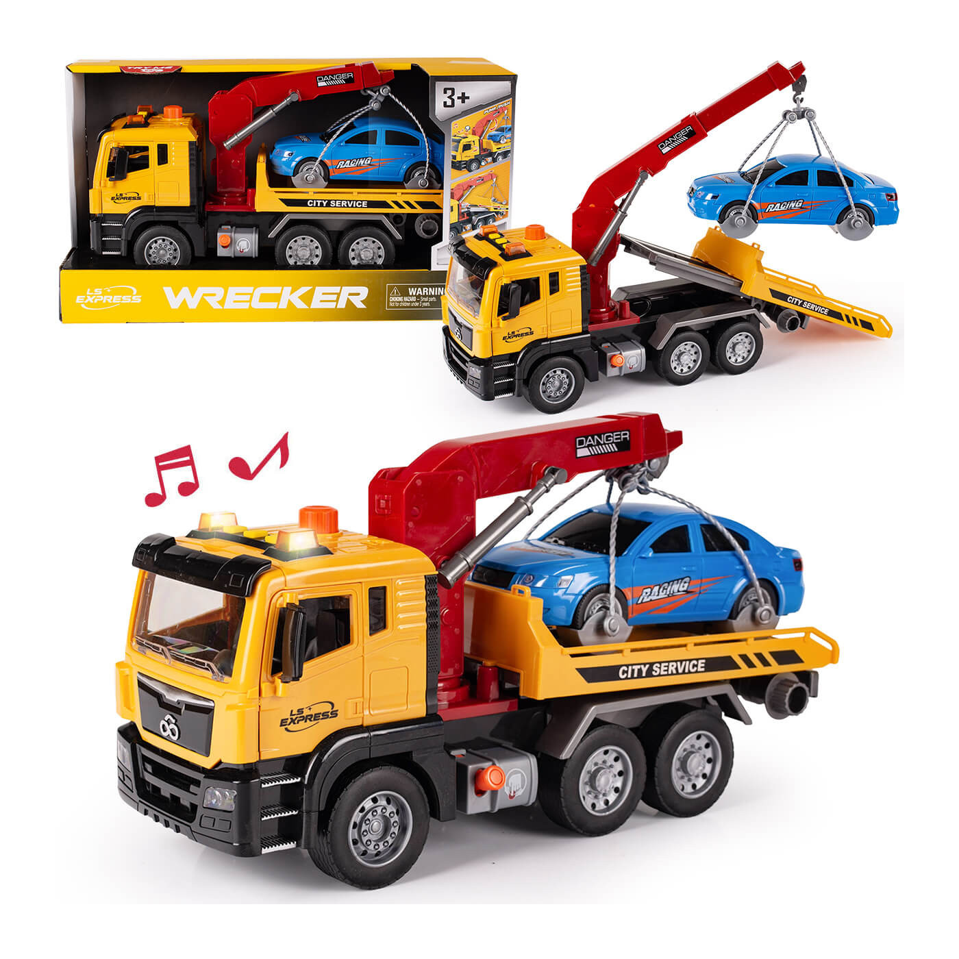 Auto pomoc drogowa z wysięgnikiem na holowniku z autem z dźwiękami i światłem