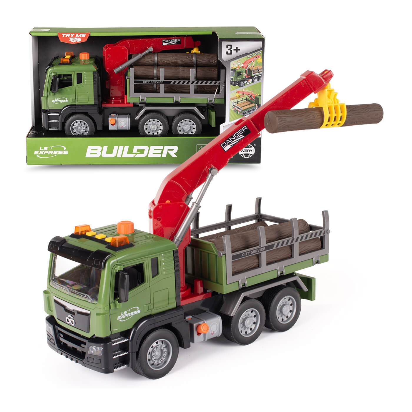 Ciężarówka z HDS transport drewna z ruchomym dźwigiem, efekty świetlne i dźwiękowe