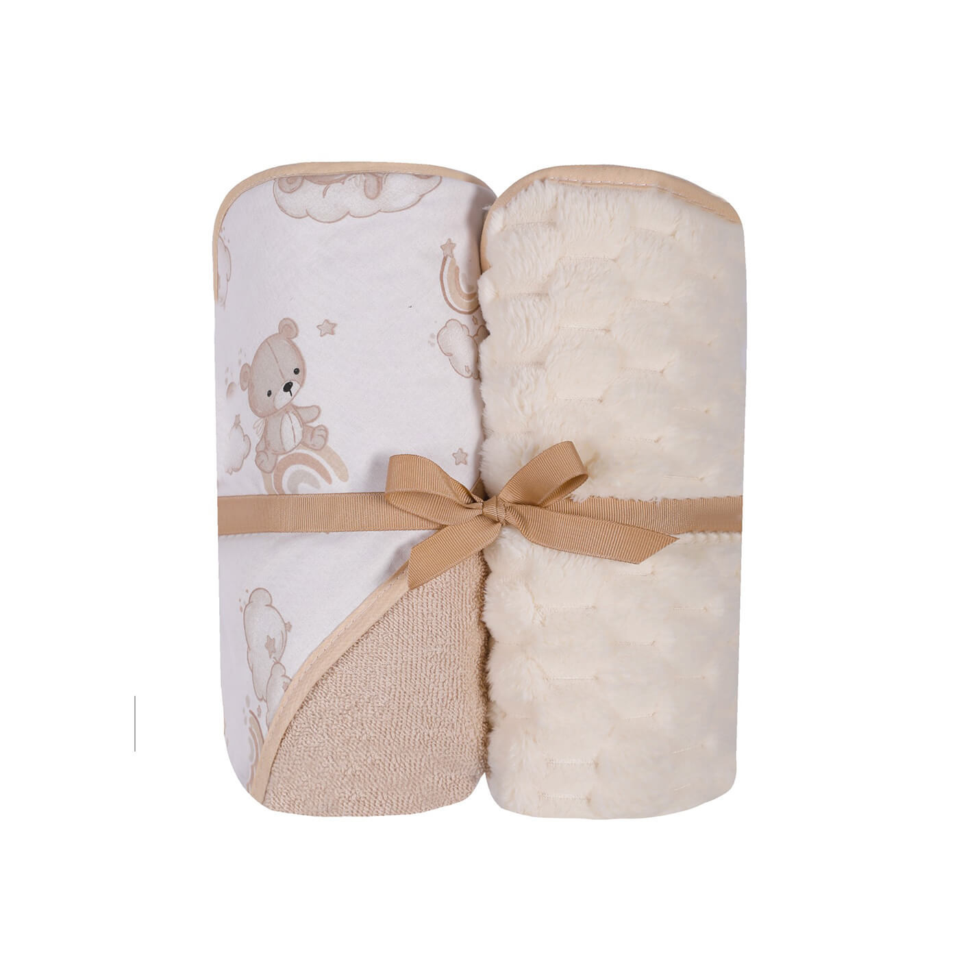 Miękki kocyk Coral 90x80 cm + okrycie kąpielowe z kapturkiem 100x100 cm dwupak | Beż