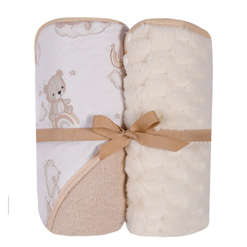 Miękki kocyk Coral 90x80 cm + okrycie kąpielowe z kapturkiem 100x100 cm dwupak | Beż