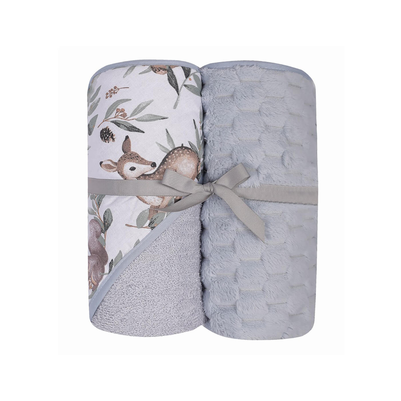 Miękki kocyk Coral 90x80 cm + okrycie kąpielowe z kapturkiem 100x100 cm dwupak | Szary