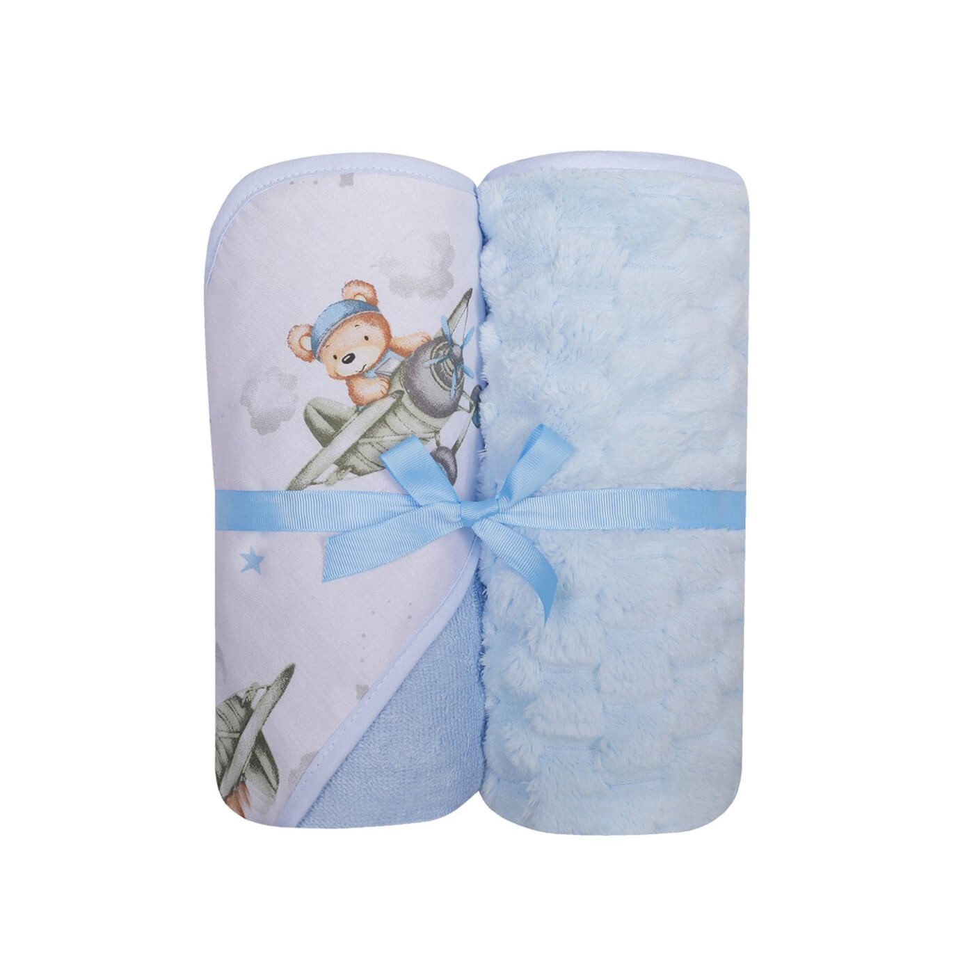 Miękki kocyk Coral 90x80 cm + okrycie kąpielowe z kapturkiem 100x100 cm dwupak | Niebieski