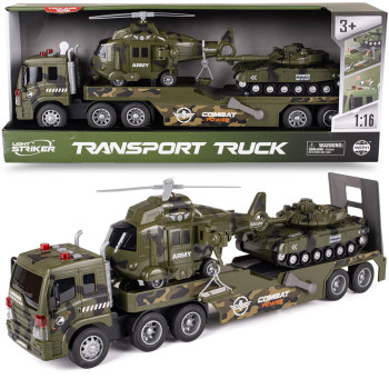 Zestaw wojskowy Tir laweta z helikopterem i samochodem – zestaw pojazdów dla chłopca 3+