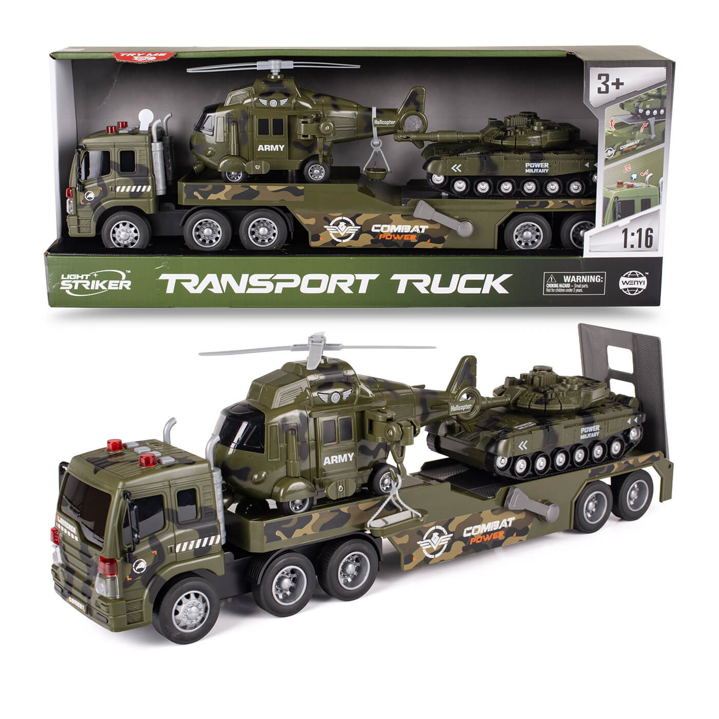 Zestaw wojskowy Tir laweta z helikopterem i samochodem – zestaw pojazdów dla chłopca 3+