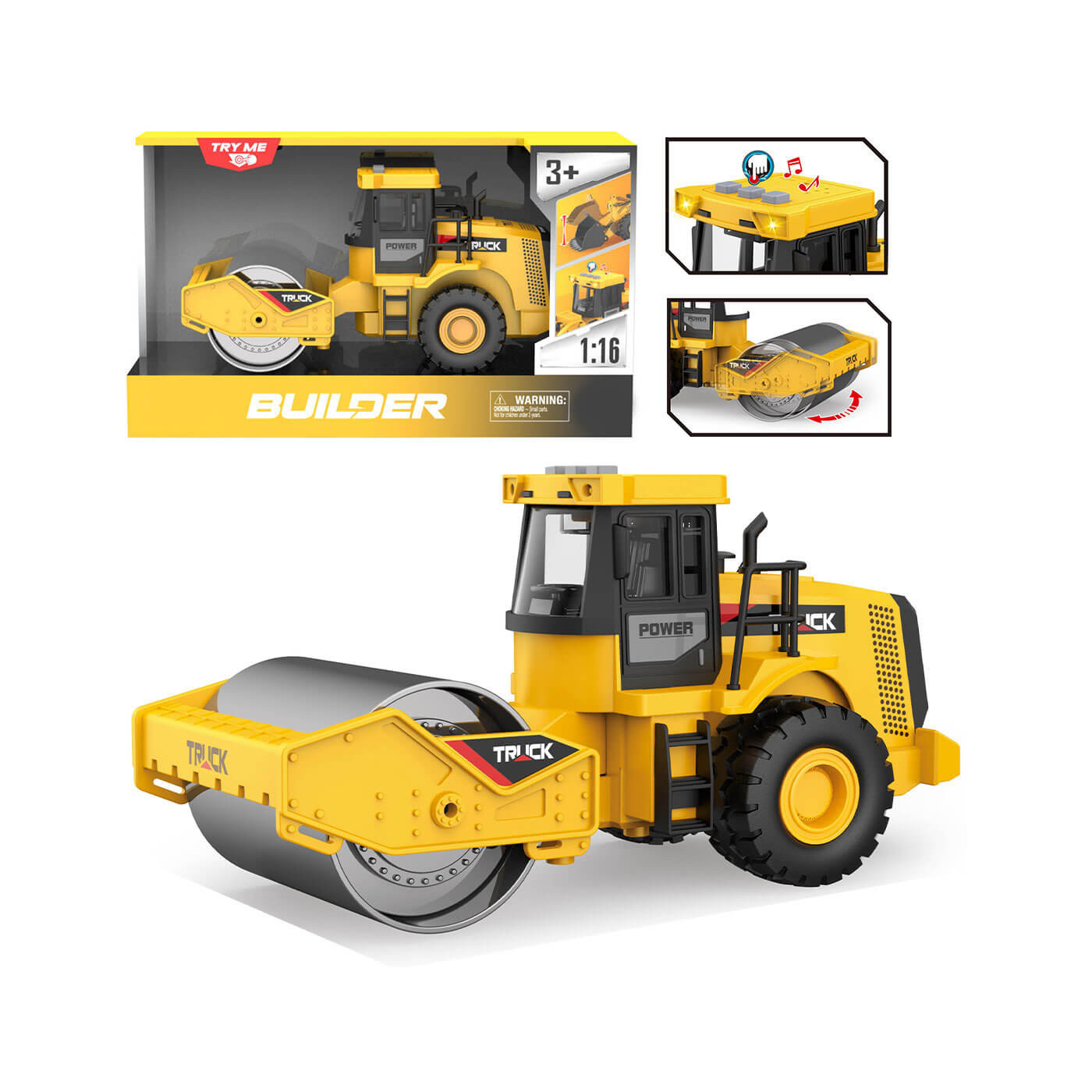 Walec Budowlany z Efektami Świetlnymi i Dźwiękowymi 1:16 – Ruchomy, gumowe koła