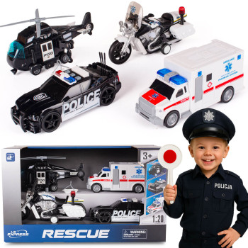 Zestaw policyjny XXL 4 el. Duży zestaw służb ratunkowych - radiowóz, helikopter, motor policyjny i karetka