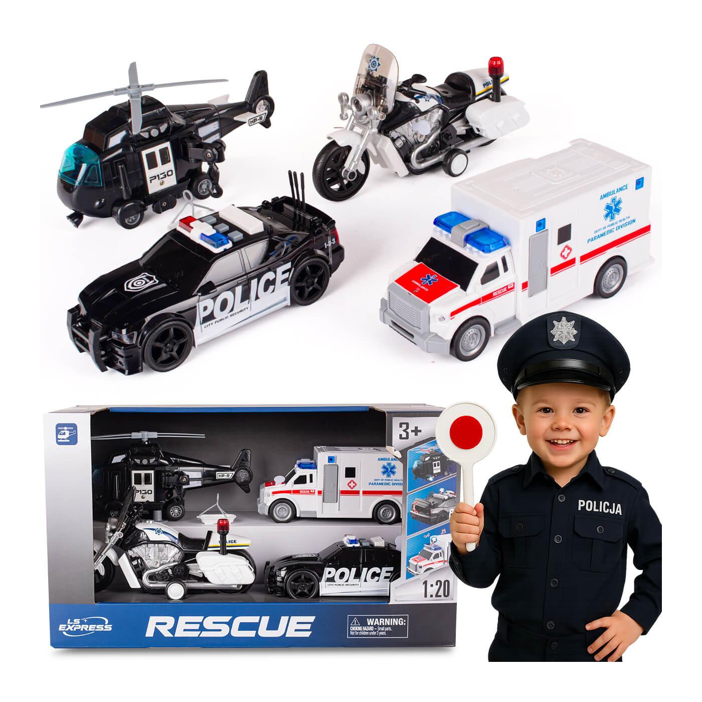 Zestaw policyjny XXL 4 el. Duży zestaw służb ratunkowych - radiowóz, helikopter, motor policyjny i karetka