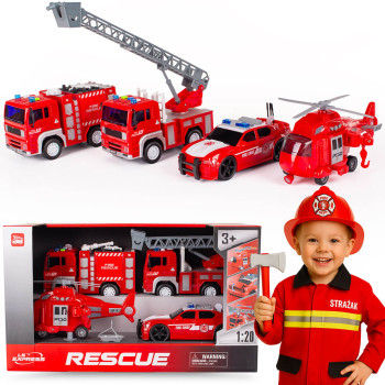 Zestaw pojazdów Straż Pożarna XXL 4 el. Duży zestaw służb ratunkowych - Auto z armatką, Wóz strażacki, helikopter.