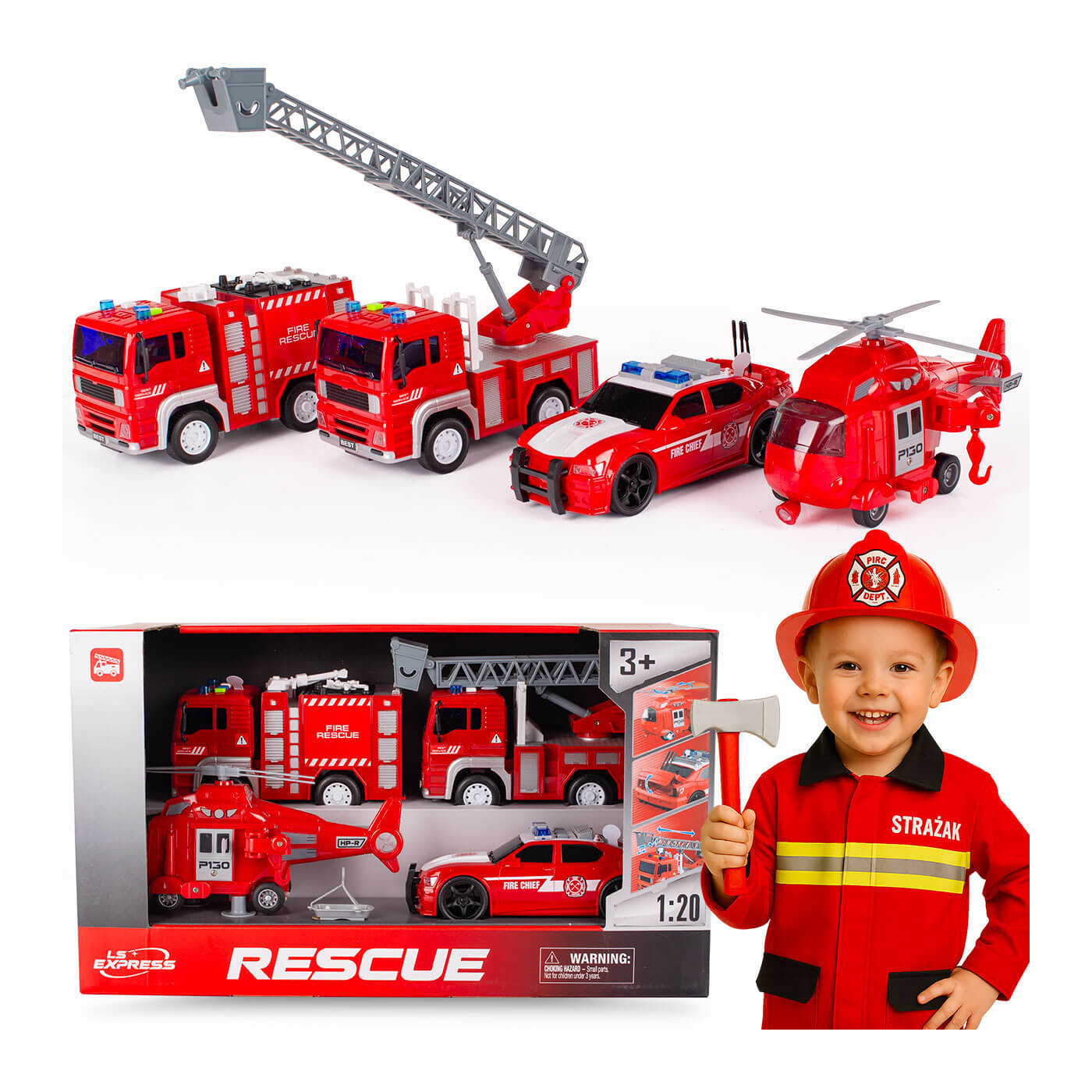 Zestaw pojazdów Straż Pożarna XXL 4 el. Duży zestaw służb ratunkowych - Auto z armatką, Wóz strażacki, helikopter.
