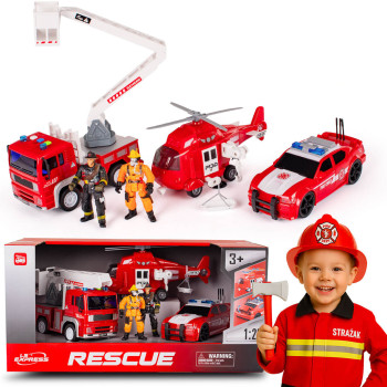 Zestaw pojazdów Strażackich ratunkowych 5 el. wóz strażacki, helikopter Figurki strażaków