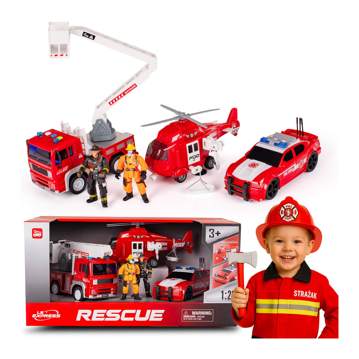 Zestaw pojazdów Strażackich ratunkowych 5 el. wóz strażacki, helikopter Figurki strażaków