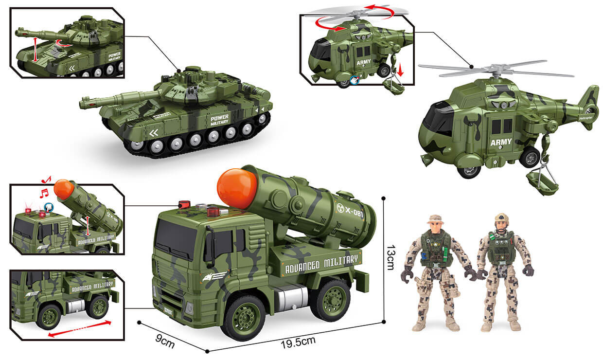 Zestaw pojazdów wojskowych z żołnierzykami