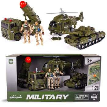 Zestaw wojskowy z pojazdami czołg, helikopter, ciężarówka z żołnierzykami 5 el.