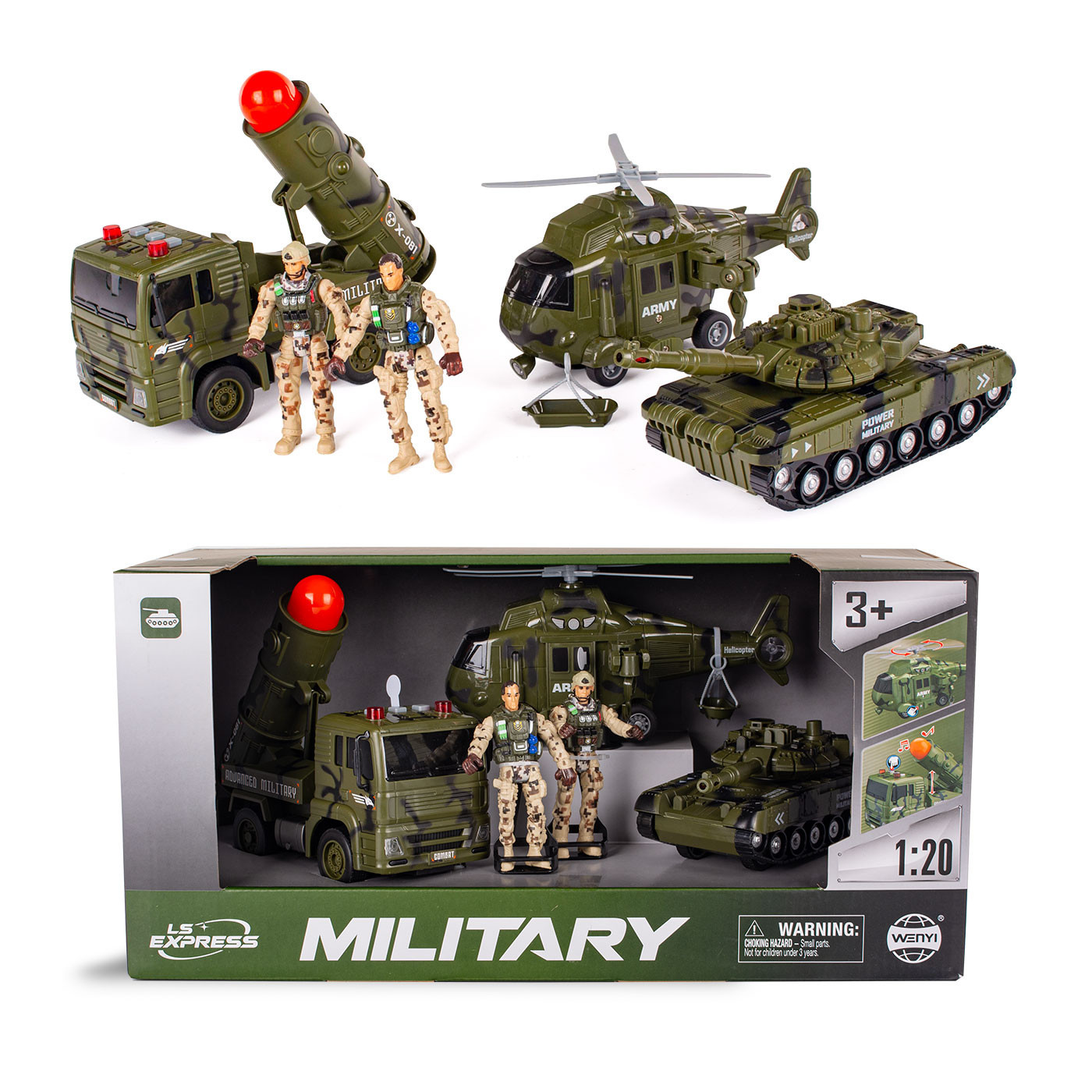 Zestaw wojskowy z pojazdami czołg, helikopter, ciężarówka z żołnierzykami 5 el.
