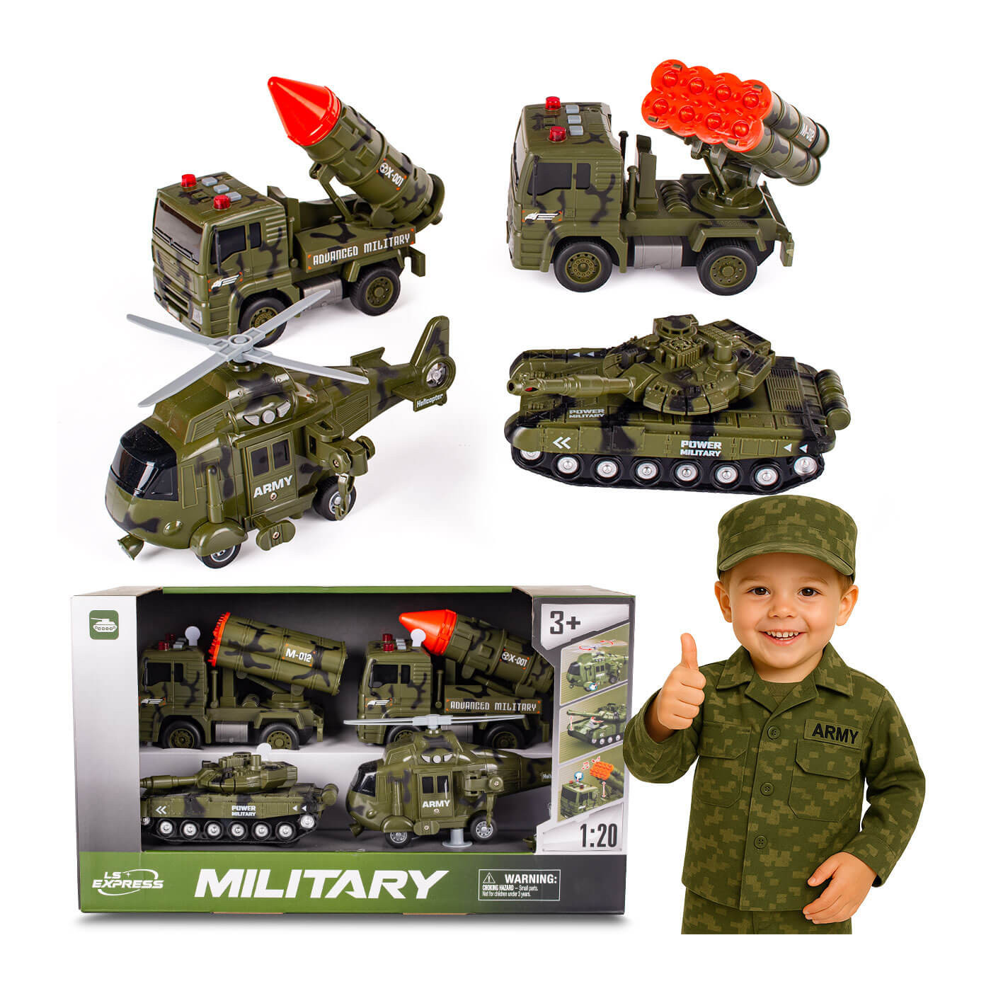 Zestaw wojskowy Pojazdy wojskowe czołg, helikopter ciężarówki 4 el. interaktywne