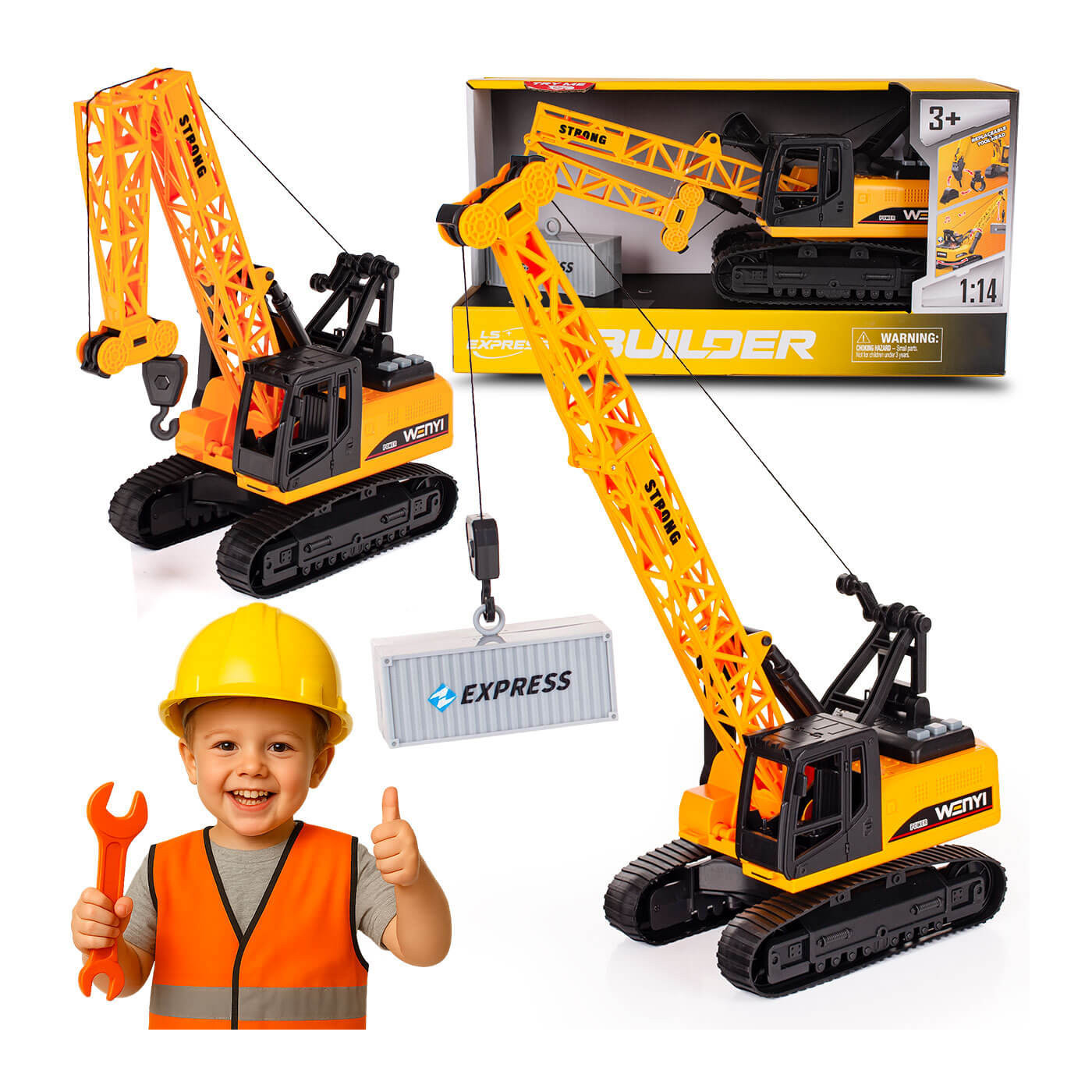 Dźwig budowlany zabawka dla chłopca - ruchome, składane ramie, obrót 360° światła i dźwięki