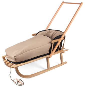 Sanki drewniane z pchaczem, oparciem i śpiworkiem + sznurek z uchwytem drewniane