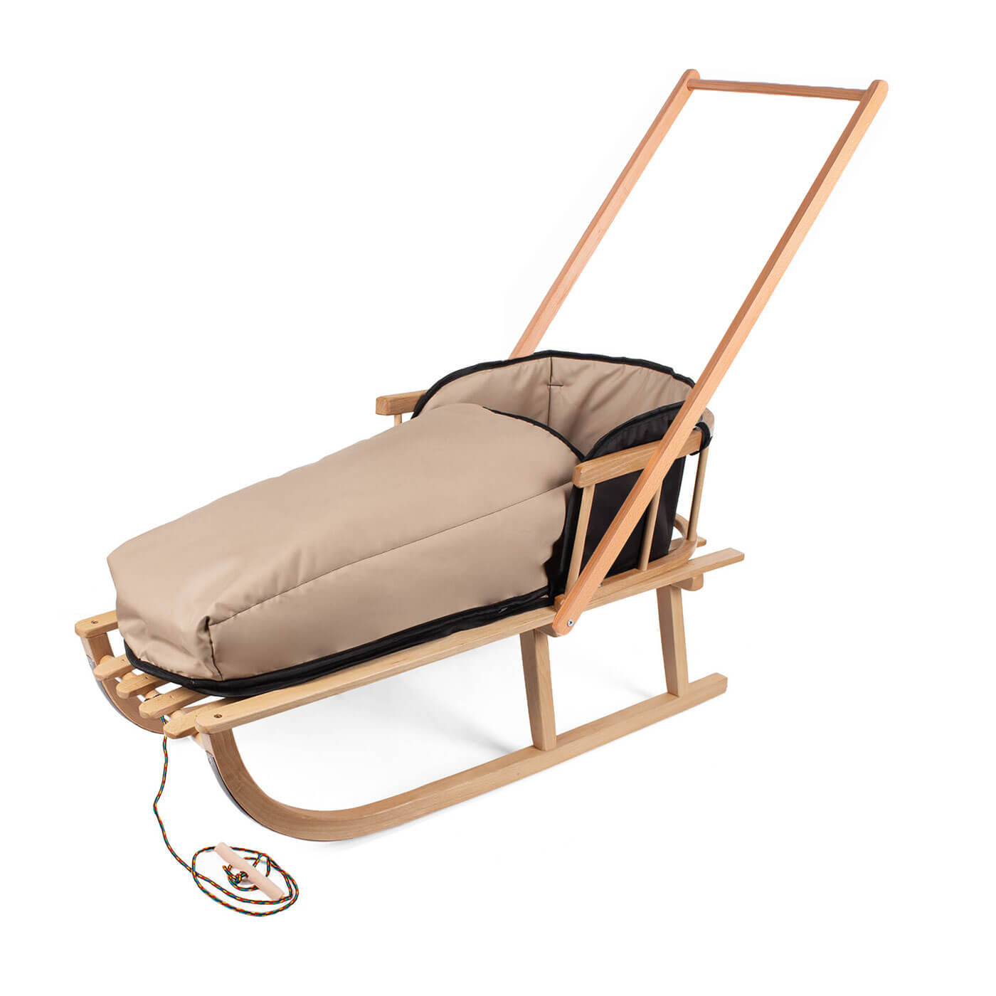 Sanki drewniane z pchaczem, oparciem i śpiworkiem + sznurek z uchwytem drewniane
