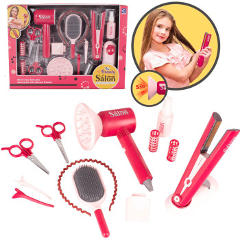 Zestaw fryzjerski suszarka , prostownica, szczotka i akcesoria fryzjerskie - zabawka z efektami