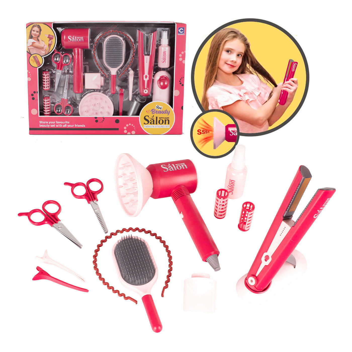 Zestaw fryzjerski suszarka , prostownica, szczotka i akcesoria fryzjerskie - zabawka z efektami