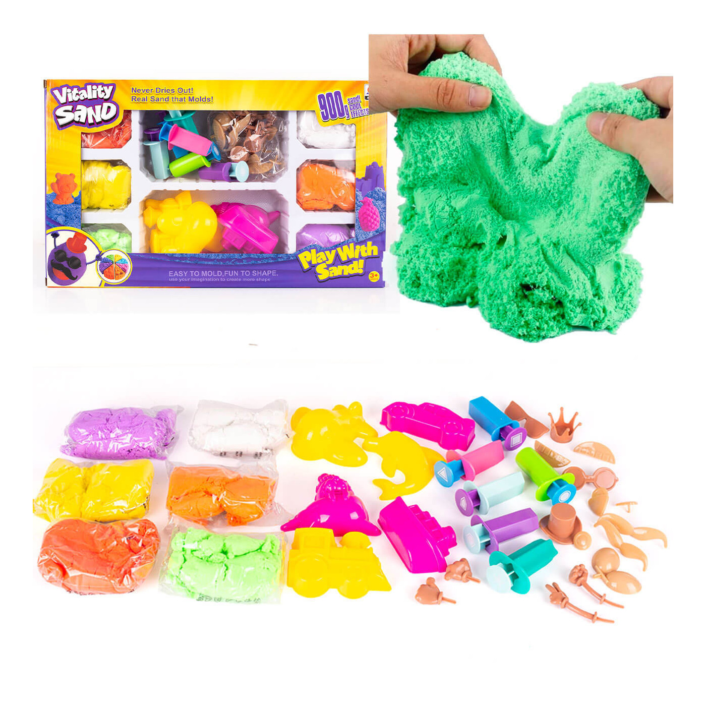 Piasek kinetyczny, magiczna masa plastyczna zestaw z foremkami 900g, 6 kolorów